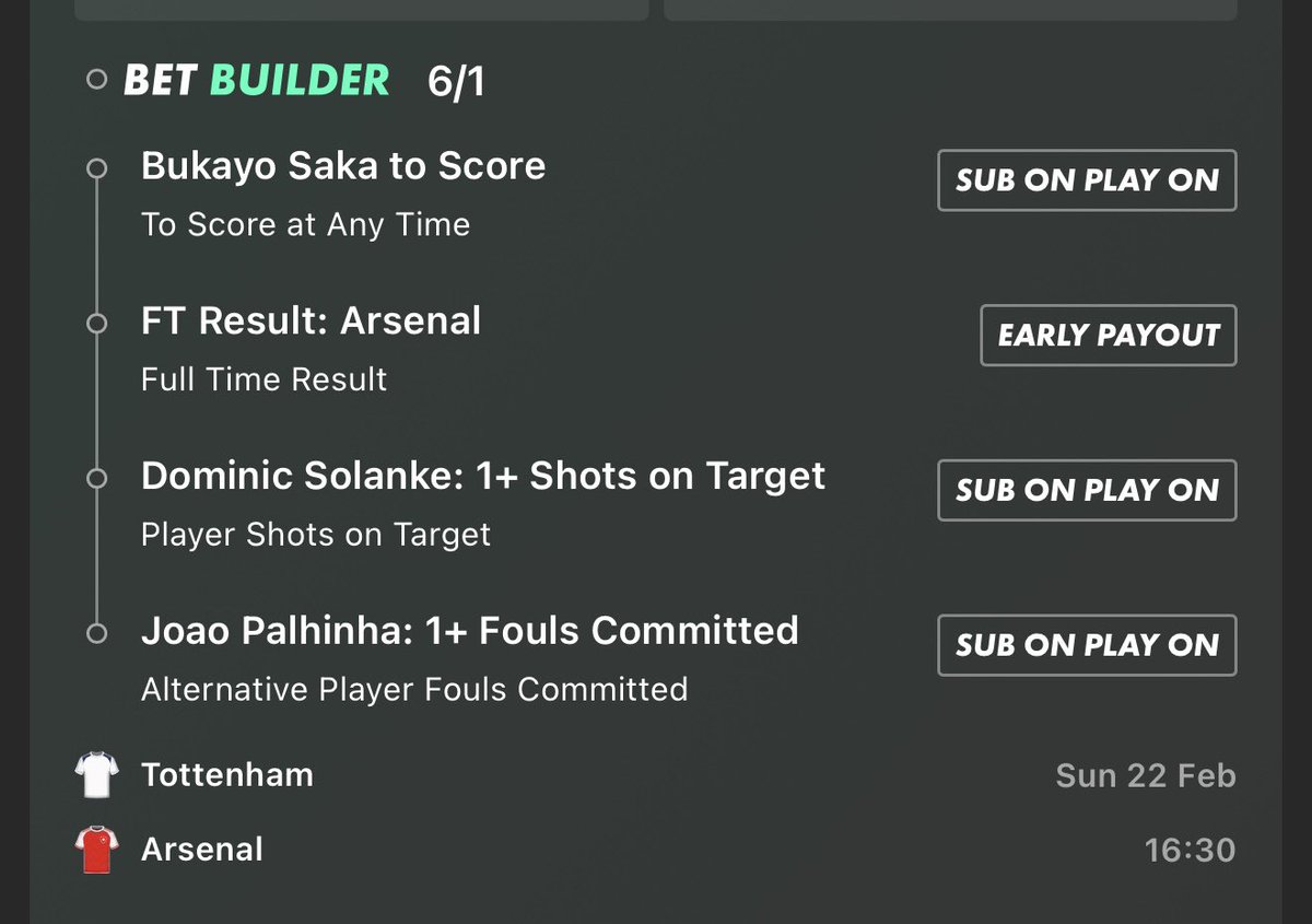 DGDFreeTips's tweet image. 🔴 ARSENAL TO WIN VS. TOTTENHAM 5/1 Bet Builder  ⚪ #NLD

✍🏻 Arsenal victory (unbeaten away, won 4/6 recent derbies; Spurs leaky at home, 16th place). 

✍🏻 Bukayo Saka anytime scorer (9 PL goals, 2.8 shots/90, netted in both vs. Spurs last season). 

✍🏻 Dominic Solanke 2+ shots
