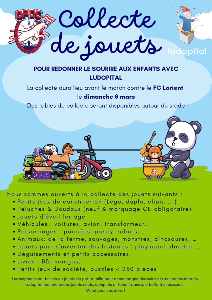 COLLECTE DE JOUETS |

La section va mettre en place une collecte de jouets autour du stade en faveur des enfants malades lors du match LOSC - FC Lorient ce dimanche 8 mars en partenariat avec Ludopital ! 🧸

Toutes les infos sont ci-dessous. 👇
