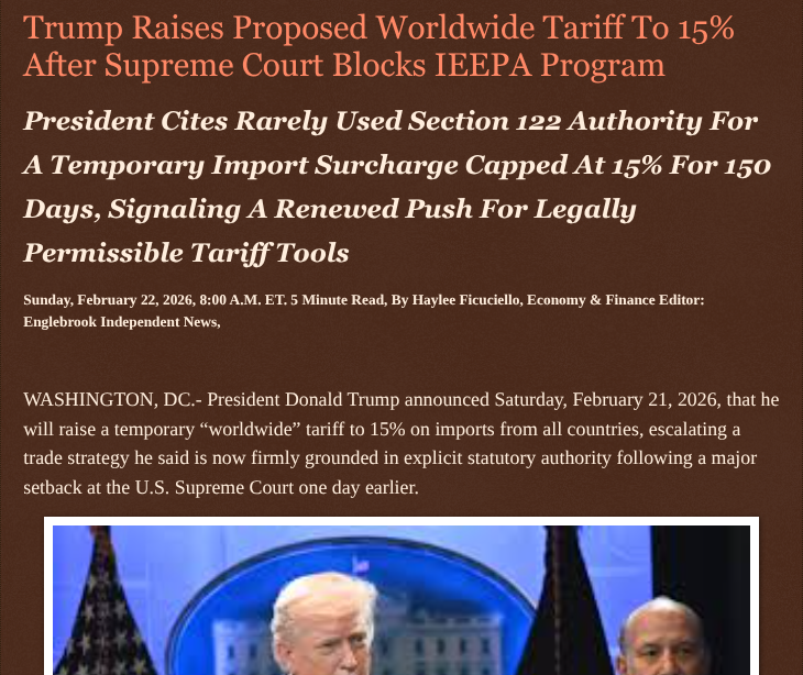 ArtFletcher9's tweet photo. Trump Raises Proposed Worldwide Tariff To 15% After Supreme Court Blocks IEEPA Program https://t.co/cCuLlaKTqI via @Englebrooknews #WashingtonDC #USEconomy #PresidentTrump #Imposes #Tariffs #section122 #worldwide #ussupremecourt @wireless_step @HRG_Media @LodiNJNews @HayleeNews @Fordmb1953 @SarahGeving1 @Shannon96574094 @Daytobehappy @janninereid1 @gator4kb18 @MichelleF_35 @TrumpWasRite2 @KathyKbrose @RobGerundo @JimBobW49