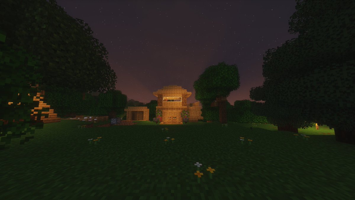 RethinkMoon's tweet photo. Cozy cabin glow under the stars 🌙🏡 Self-built woodland retreat Mellow night vibes #Minecraft #RethinkingVoxels #CozyMinecraft https://t.co/MqMEN3BREj