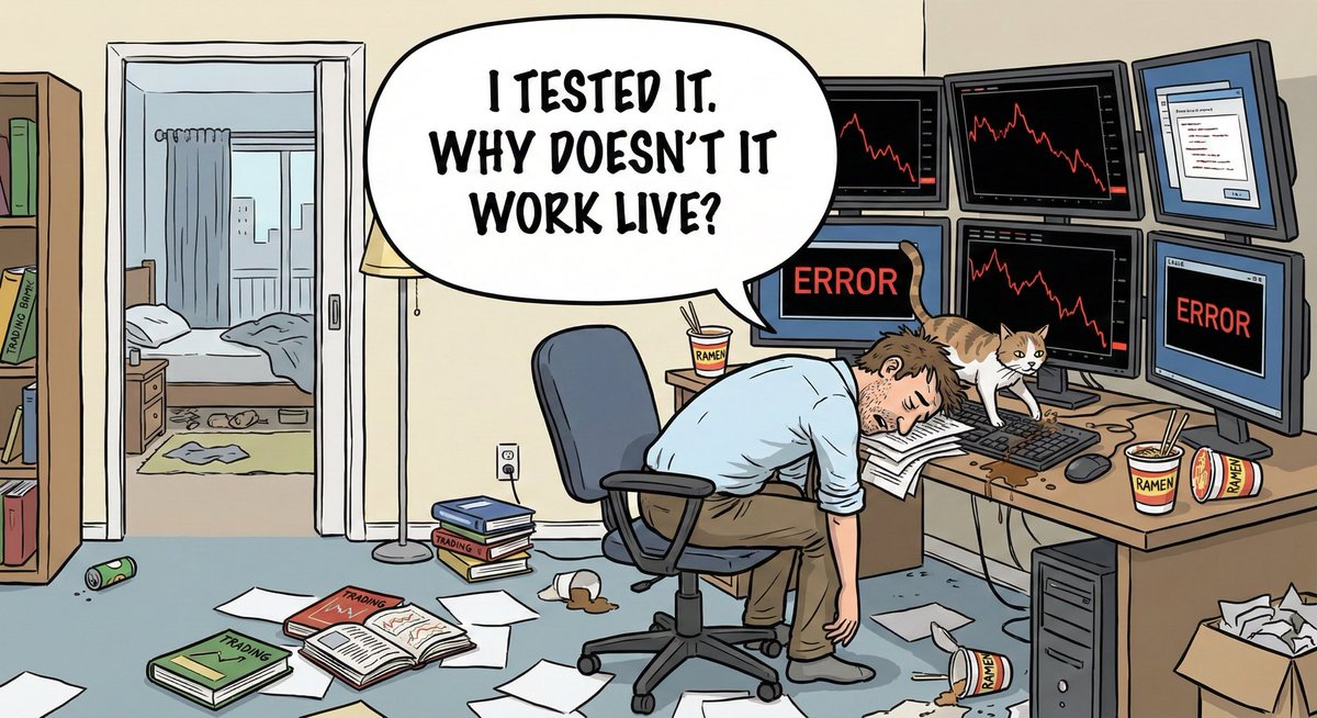 "I have rules."

You have entries.
You have exits.
You have stop losses.

But you hesitate at the moment of execution.
You cannot stay consistent beyond a few days.
Your test results and your live results look like two different strategies.

And you think the problem is your