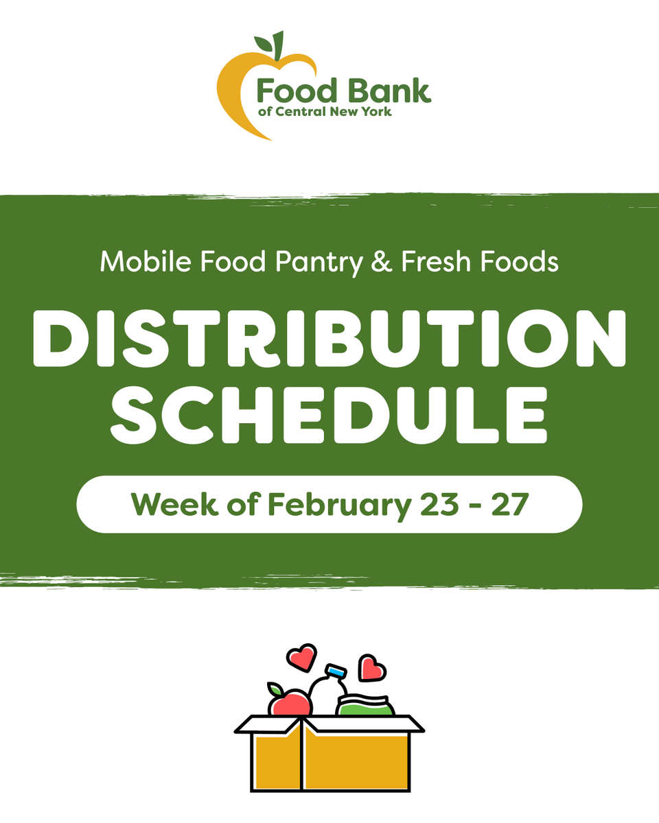 FoodBankofCNY's tweet photo. This week's no-cost distribution schedule:
⁠
🚛 Mobile Food Pantry: #Preble, #Canastota, &amp; #Camden.

🍎 Partner distributions: #Dolgeville, #Vienna / #NorthBay, #Vernon, #Syracuse, #Bridgeport &amp; #SouthJefferson / #Adams.
 
📍Food Finder | https://t.co/vZGHeanRyO https://t.co/QpDIKgcniu