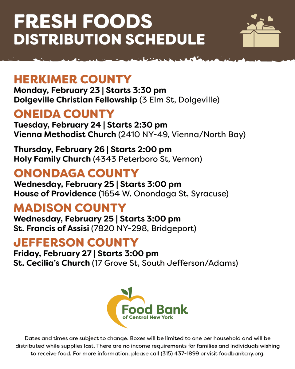 FoodBankofCNY's tweet photo. This week's no-cost distribution schedule:
⁠
🚛 Mobile Food Pantry: #Preble, #Canastota, &amp; #Camden.

🍎 Partner distributions: #Dolgeville, #Vienna / #NorthBay, #Vernon, #Syracuse, #Bridgeport &amp; #SouthJefferson / #Adams.
 
📍Food Finder | https://t.co/vZGHeanRyO https://t.co/QpDIKgcniu