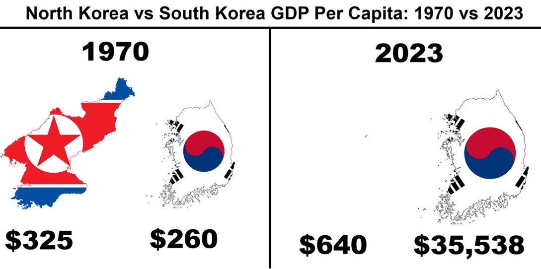 Socialism vs. capitalism perfectly explained in one chart.

Believe it or not, North Korea used to be wealthier than South Korea.