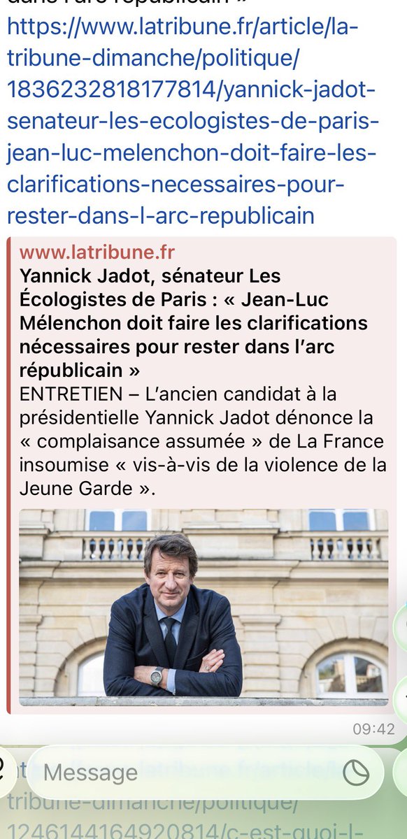 J’aimerai connaître  les contours de cet arc Républicain dans lequel manifestement <a href="/yjadot/">Yannick Jadot</a> se compte 🔽 et dont il imagine nous exclure :
- Avec Mr Wauquiez qui propose une alliance de Reconquête à Darmanin ? 
- Avec MR Retailleau, le ministre de l’intérieur des français de