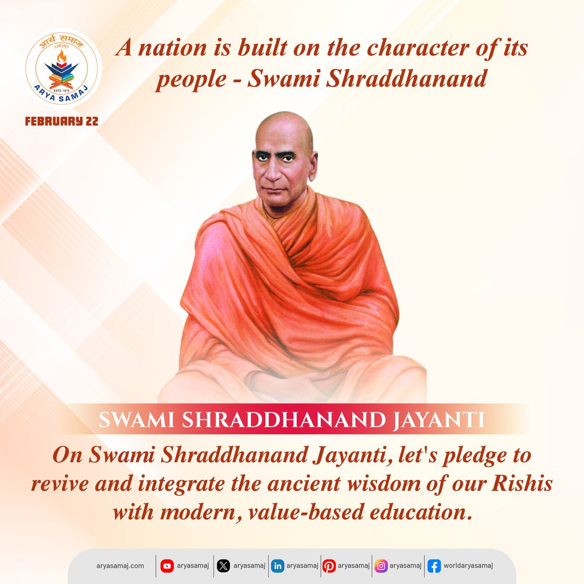 aryaamerica's tweet photo. Swami Shraddhanand Jayanti
On his Jayanti, let us pledge to revive and integrate the ancient wisdom of our Rishis with modern, value-based education.
#swamishraddhanandjayanti #revive #integrate #ancientwisdom #rishis #modern #valuebased #education #aryasamaj https://t.co/IoPN485YFc