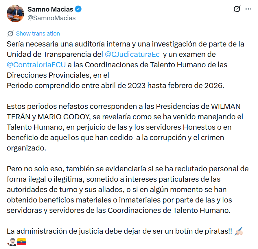 Gracias por esta valiosa sugerencia, estimado doctor Macias <a href="/SamnoMacias/">Samno Macias</a> 

Los dos sabemos que el mundo es de los valientes, y ahora nos toca evidenciar que el Ecuador no es una excepción a esa regla.

Usted pone el dedo en la llaga sobre el <a href="/CJudicaturaEc/">Consejo de la Judicatura</a>, y yo puedo confirmar