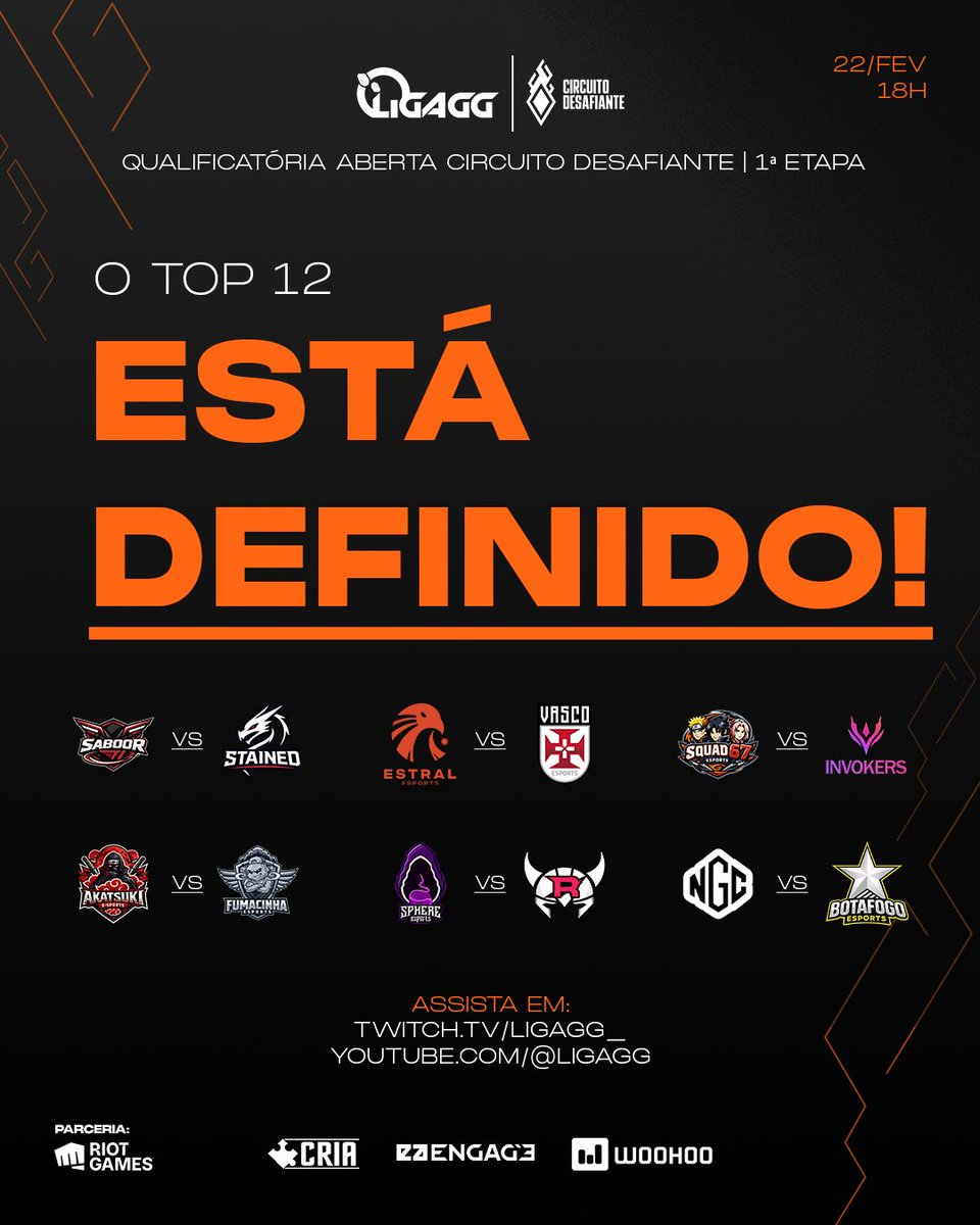 #QualifyCircuitão! Já sabemos o TOP 12!

As 18 Horas vamos descobrir quem vai avançar para a próxima fase!

Qual jogo de hoje você está animado para acompanhar?

🟣twitch.tv/ligagg_ 
🔴youtube.com/@ligagg/streams