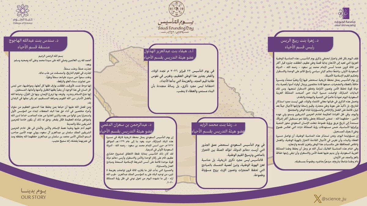 #يوم_التأسيس_السعودي ||

يومُ نستحضر فيه أمجاد الماضي ونجدد فيه الولاء للوطن ..

كلمات ومشاعر أعضاء هيئة التدريس بقسم الأحياء بـ #كلية_العلوم ..

كل عام و #السعودية بخير 🇸🇦

#يوم_بدينا_1727
#جامعة_الجوف