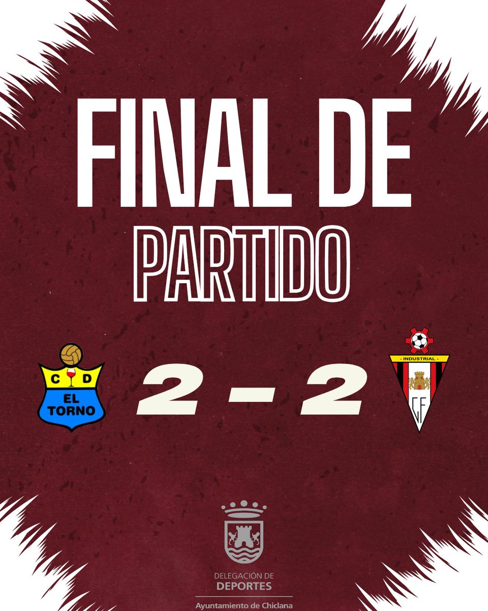 ⚔️ FINAL DEL PARTIDO ⚔️ 

CD El Torno 2009 2️⃣
Chiclana Industrial CF 2️⃣ 

⚽ Antonio Ortiz
⚽ Esteban