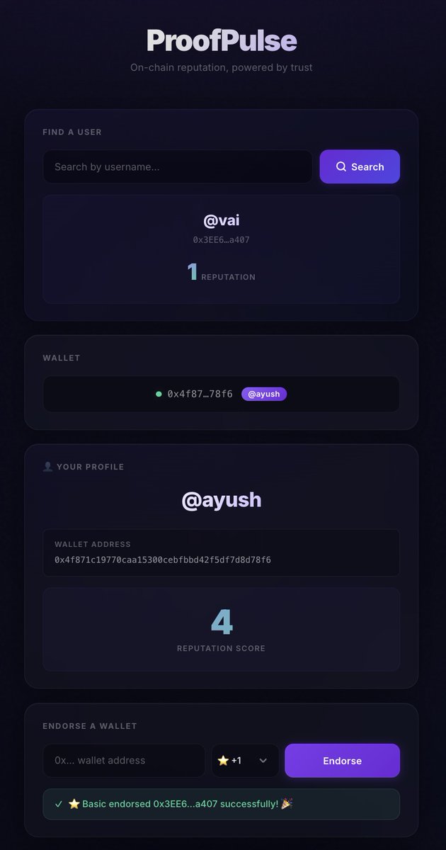 AyushWebDev14's tweet photo. We built ProofPulse on @monad — a portable, weighted on-chain reputation layer for Web3 builders ⚡

Frontend-only log indexing. No backend. Fully verifiable.
Trust, stored on-chain.

��� Live: https://t.co/aWtolkMUMD
💻 GitHub: https://t.co/3YViq6aesY

#monad @geeky_kartikey https://t.co/Sjv5KzpVbA