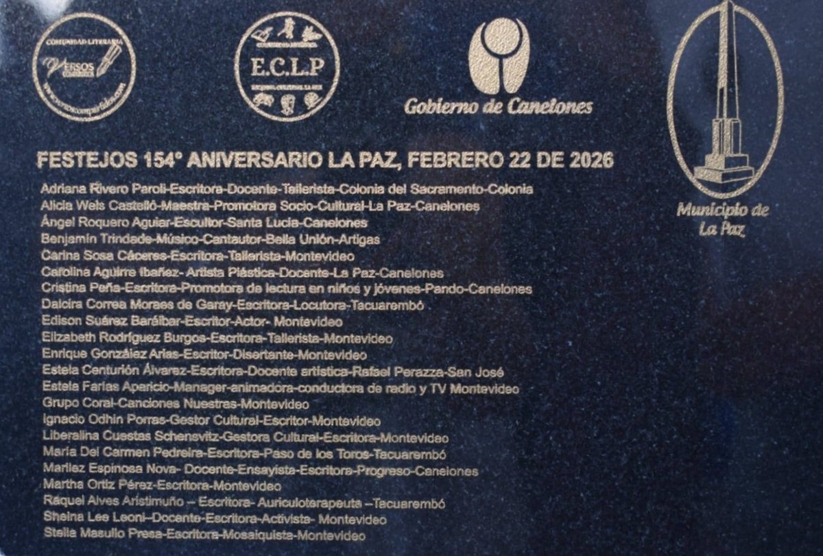 NotasCulturales's tweet photo. Ayer tuve el honor de acompañar los festejos del 154° aniversario de la ciudad de La Paz, en la inauguración de la placa 2026 del Espacio Cultural del Artista.
Agradezco profundamente a la Comunidad Literaria Versos Compartidos, a la Comunidad Artística Esquina Cultural La Paz, así como al Gobierno Departamental de Canelones @IdCanelones y al Municipio de La Paz,  encabezado por su alcalde Juan Tons, por impulsar y acompañar estos espacios que reconocen y fortalecen el trabajo cultural y artístico.
Es una alegría compartir esta distinción junto a escritoras, escritores, artistas y referentes culturales de distintos puntos del país, formando parte de una instancia que celebra la memoria cultural y el aporte colectivo a nuestra identidad.
Gracias por incluir mi nombre junto al de tantos creadores y trabajadores de la cultura.
La cultura se construye entre todos, con presencia, compromiso y comunidad.