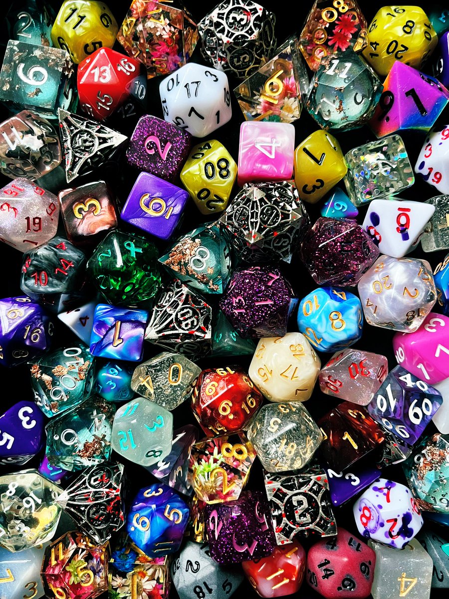 FloralRainbowAW's tweet photo. For #WeekGForGames #AlphabetChallenge 
My daughter @xxxphoebekxxx D&amp;D dice collection 🎲 https://t.co/Tps0gFtNdQ