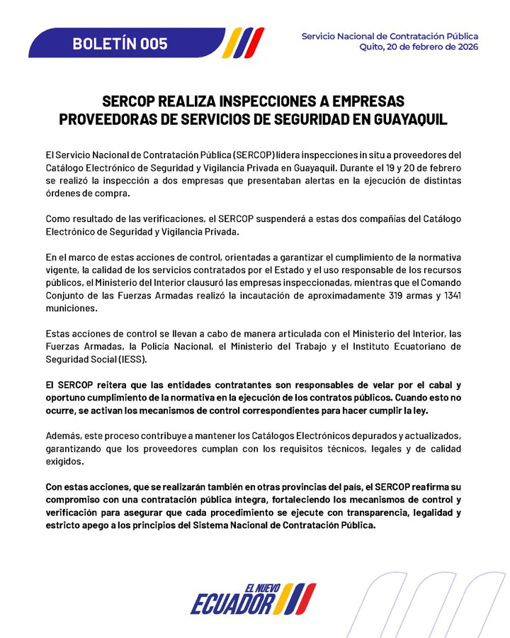 #Boletín | SERCOP suspenderá a dos compañías del Catálogo Electrónico de Seguridad y Vigilancia Privada en #Guayaquil.

Estas acciones de control se realizarán también en otras provincias del país.

Conoce más aquí: shorturl.at/NFrE7