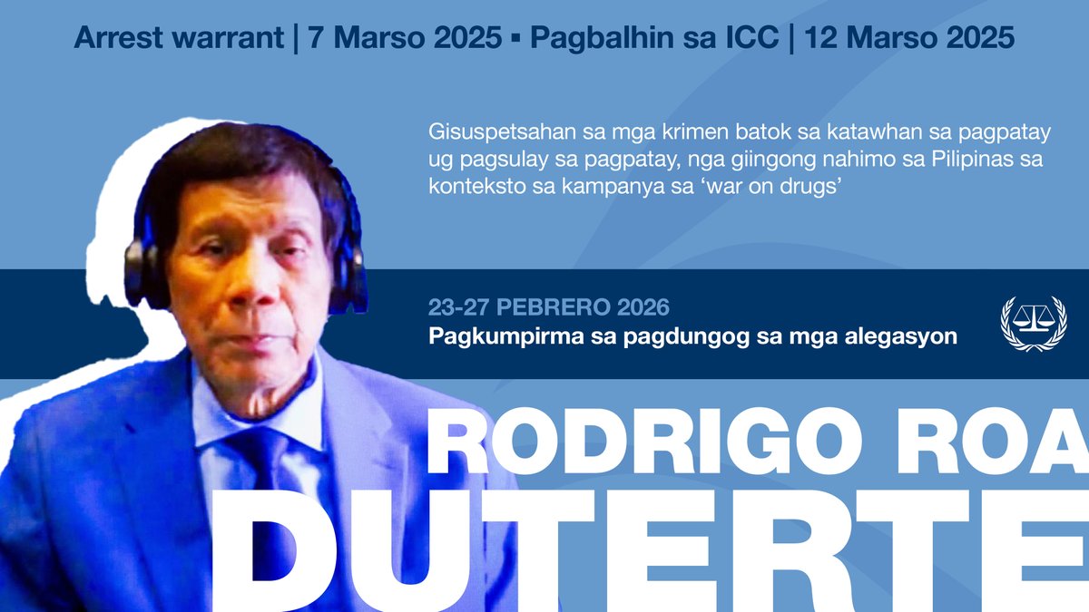 📅Sa Pebrero 23: Magbukas sa atubangan sa #ICC ang kumpirmasyon sa mga alegasyon nga pagbista sa kaso ni #Duterte, alang sa giingong mga krimen batok sa katawhan sa pagpatay ug pagsulay sa pagpatay sa #Philippines.