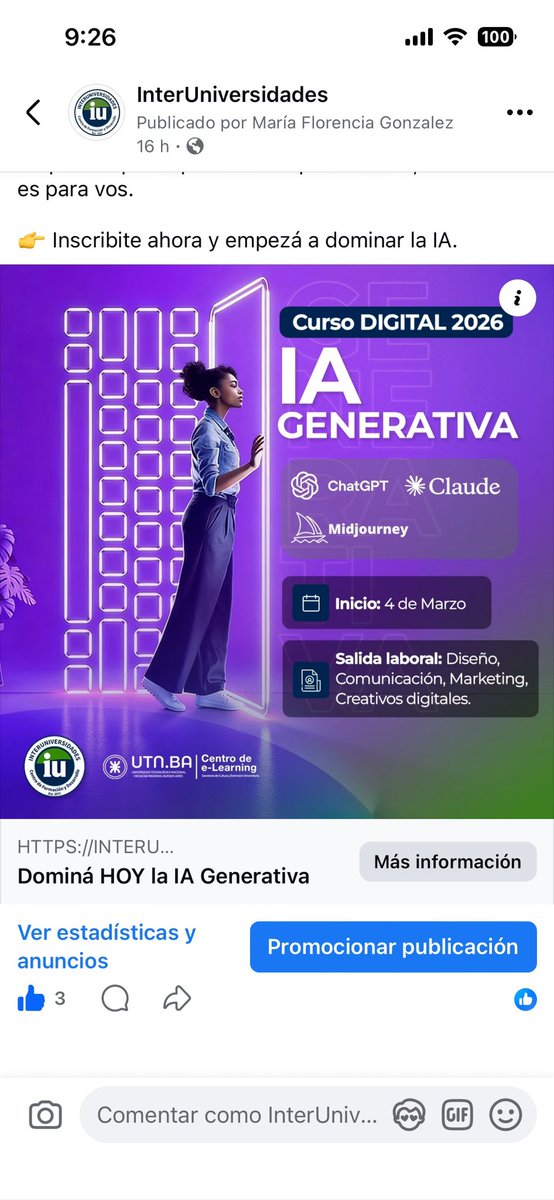 La Inteligencia Artificial Generativa ya no es el futuro.
Es lo que las empresas están buscando HOY.
Si querés que tu perfil destaque en 2026, este curso es para vos.
👉 Inscribite ahora y empezá a dominar la IA. 
Ver más : …ersidades.utnba.centrodeelearning.com//detalle/curso…