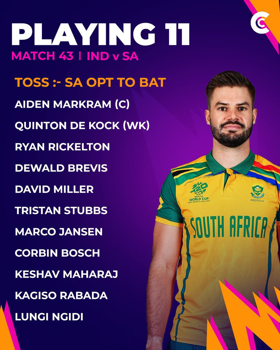 Criccore74's tweet photo. A clash of the titans in Ahmedabad! 🏟️🇮🇳🇿🇦

Both sides have named their Playing XIs for this crucial Super 8 encounter. South Africa wins the toss and chooses to bat first!

#INDvsSA #T20WorldCup2026 #T20WorldCup #T20WC2026 #T20WC #ICCMensT20WorldCup2026 #ICCMensT20WorldCup #CricketFever #criccore