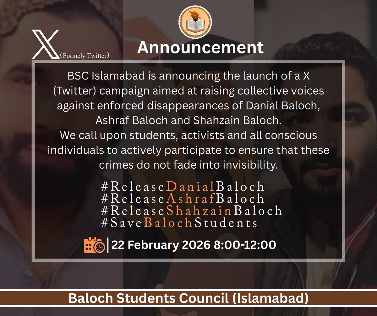 Every time we ignore the disappearance of a student, we erase a part of ourselves. We forget that we share the same classrooms, the same dreams — and perhaps the same fate.

#ReleaseDanialBaloch 
#ReleaseAshrafBaloch 
#ReleaseShahzainBaloch 
#SaveBalochStudents