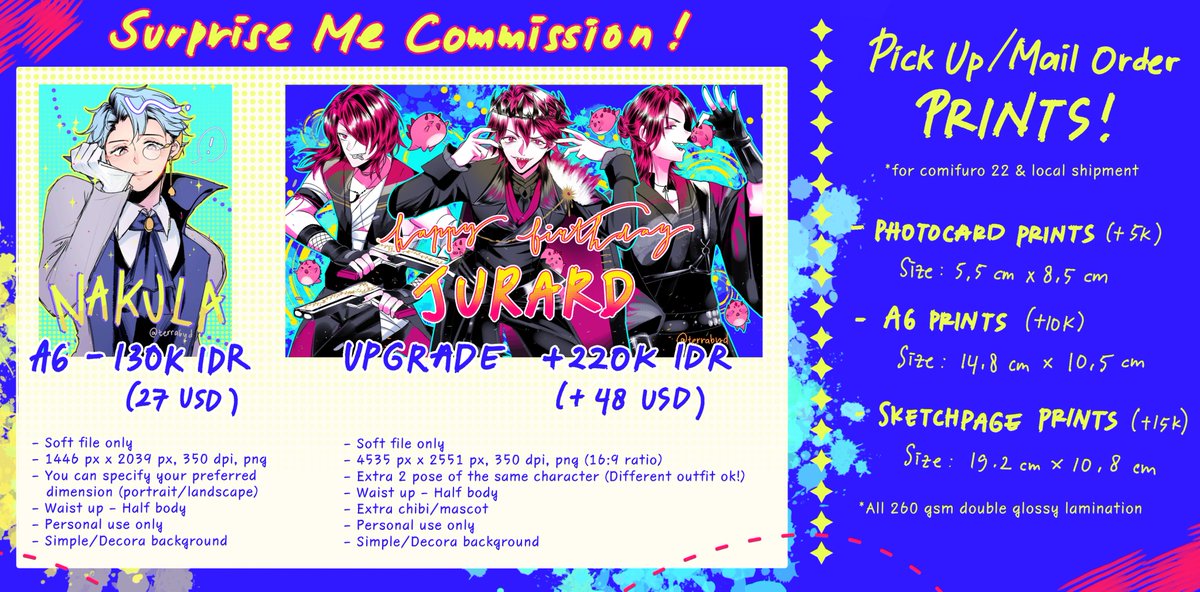 [RT &amp; like are appreciated💕]

📌Surprise me comms + Pick up for Comifuro 22 / #cf22!

💳 Payment: Local - Bank Jago, Inter - Vgen (Full upfront payment)

🗓️ Close comms
- Pick up: 31 March
- Mail order: 31 April

ETA, slots and real print sample on reply!
#CF22catalogue