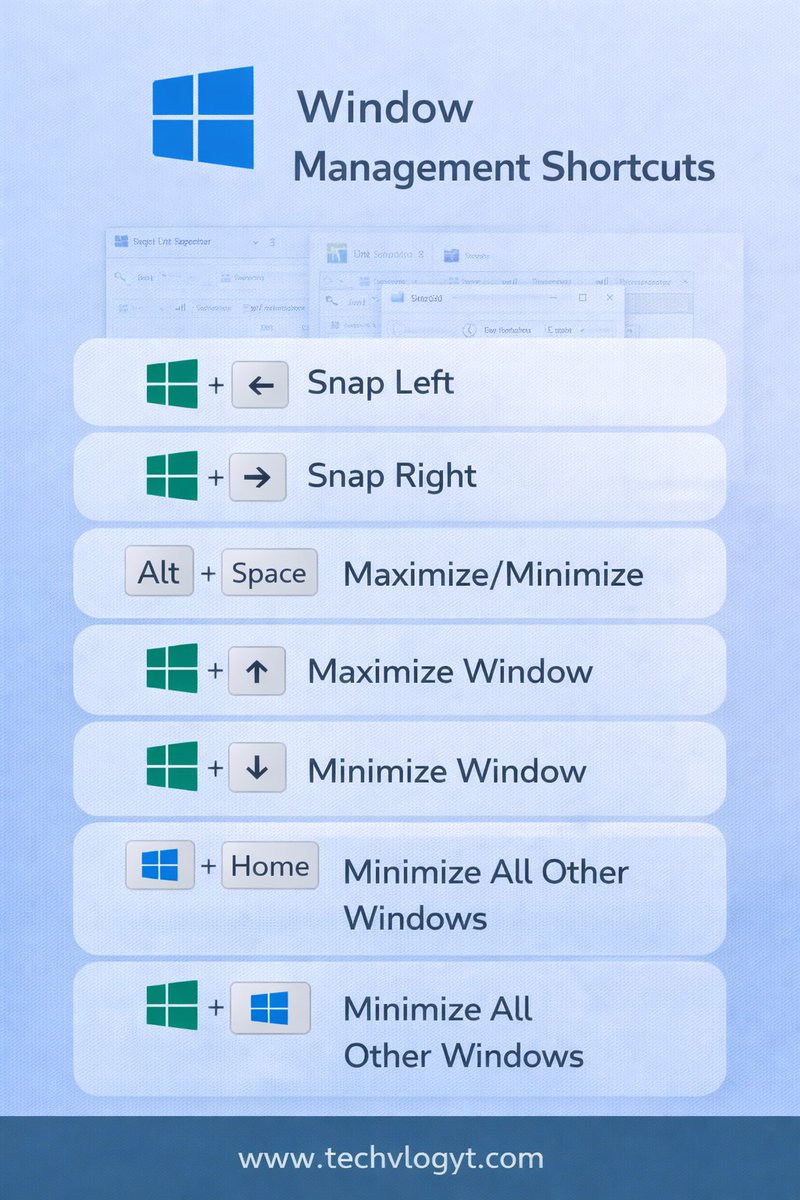 techvlogyt's tweet image. Day 2 – Window Management Shortcuts 💻⚡

Snap. Minimize. Maximize.
Control your screen like a pro.

#Windows #Shortcuts #Productivity #TechTips