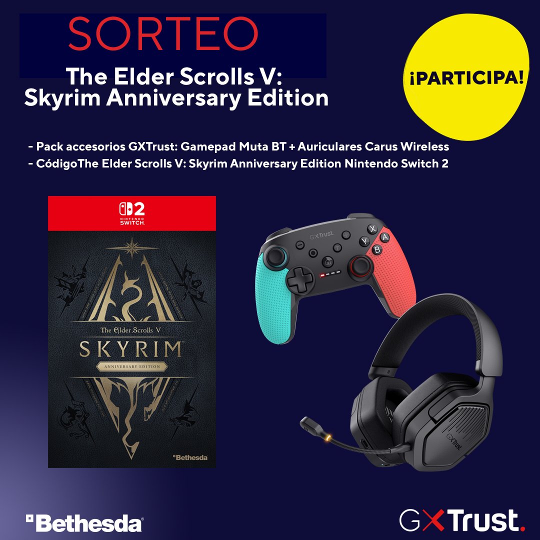 #SORTEO 🐲The Elder Scrolls V: Skyrim Anniversary Edition🐲 (Nintendo Switch 2) + pack accesorios #GXTrust.
Requisitos:
- Sigue a <a href="/Trust_Spain/">GXTrust España</a> y <a href="/bethesda_ESP/">Bethesda Español</a> 
- RT a este post
- Menciona a dos amigos