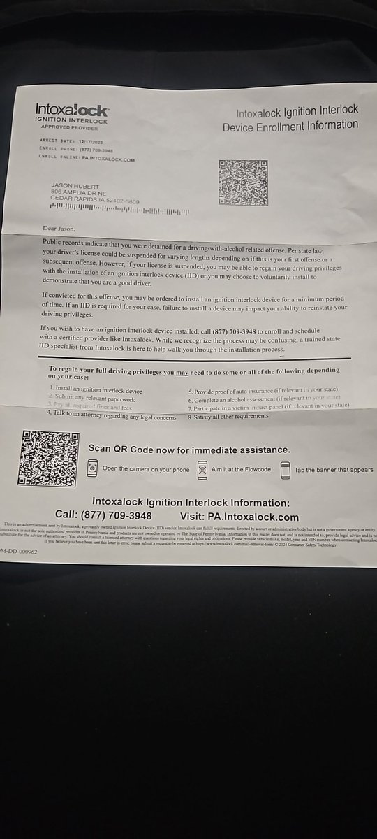 Second snail mail message this company has sent me. I was never arrested for anything in a state that I wasnt in.  Idk if they have an @ on here but ffs stop. My work can verify where I was through Azuga. My phone can verify where I was with life 360 and Progressive can as well.