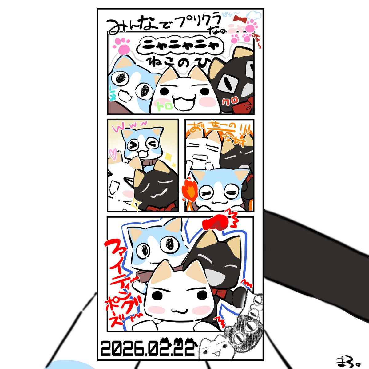 猫の日ということで記念にトロ、クロ、ソラ三人でプリクラを撮ったの