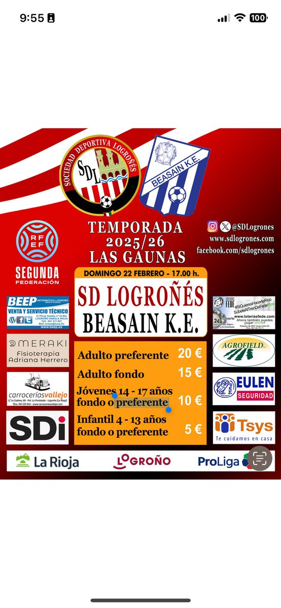 DÍA DE PARTIDO |🇦🇹

📣 ¡𝗛𝗼𝘆 𝗲𝘀 𝗱𝗶́𝗮 𝗱𝗲 <a href="/SDLogrones/">SD Logroñés</a>! 

🆚 <a href="/beasainke1905/">Beasain KE 1905</a> 
📆 Domingo, 22
🏟️ Las Gaunas 
🕔 17:00h
🏆 Liga, jornada 24
📻 Onda Blanquirroja 
📺 <a href="/FootballClub/">FootballClub</a> 
🎫 sdlogrones.compralaentrada.com/eventos/19213/…

#LogroñésBeasain | #AmorSinRed