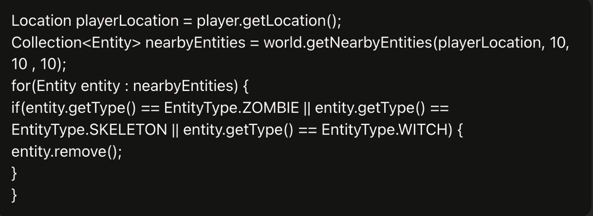 Image for the Tweet beginning: 【学習記録】

◼︎内容
プラグイン開発編
DAY20 「ゲーム終了後に周辺の敵を削除」

◼︎実装
ゲーム終了後に周辺の敵を削除

◼︎感想
動画前に、自分で書いたコードとやっていることは一緒なので嬉しかった。
あとは綺麗に描けるよう意識していく。

⌛️1h(累計69h10min)

#デイトラ　＃Java 