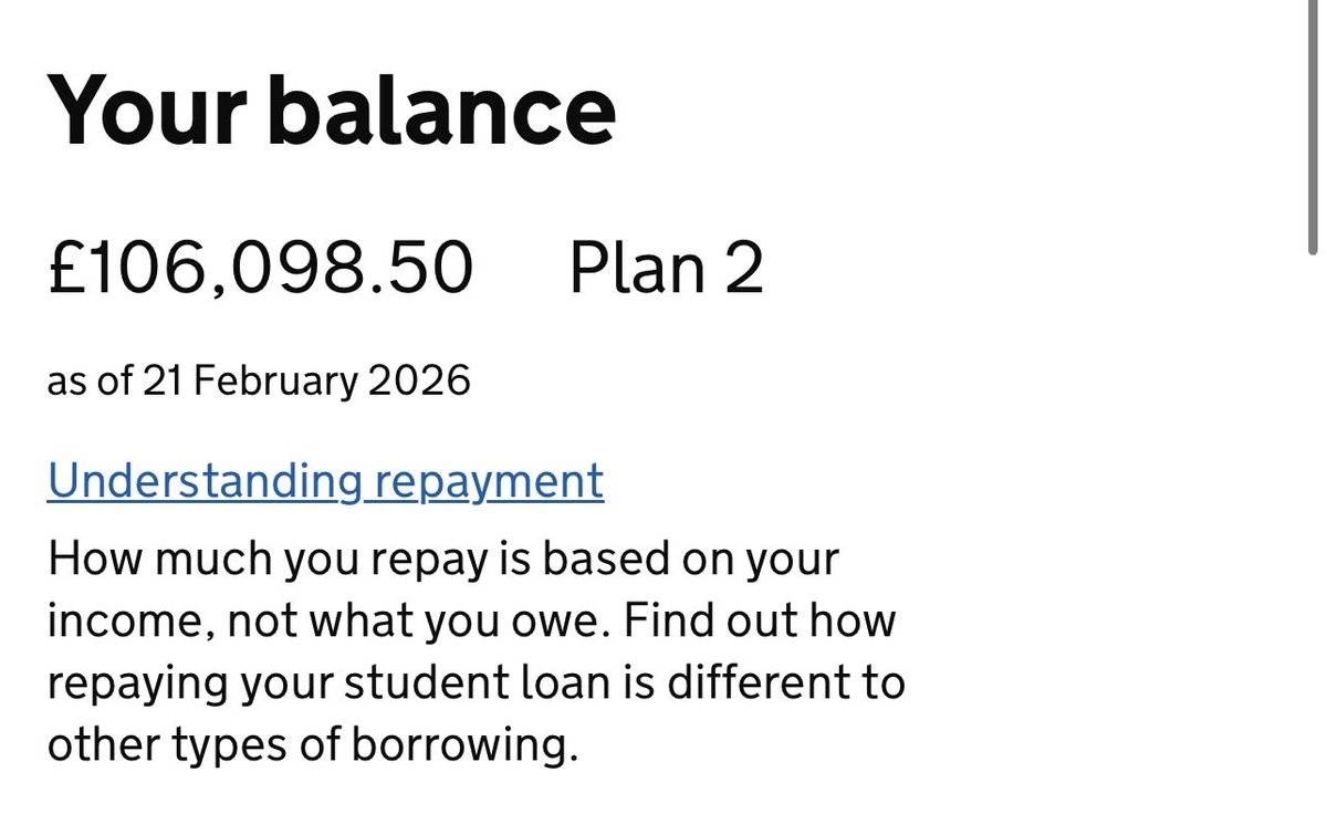 matt_anson's tweet photo. Total borrowed: £71,539 (medical school in London)
Interest accrued whilst still at uni: £24,012
In continuous full time employment as a doctor 
Current balance: £106,098

Is the whole thing a racket? Yes

Are the numbers involved and interest rates ultimately meaningless: Yes https://t.co/KW8tUj8jt7