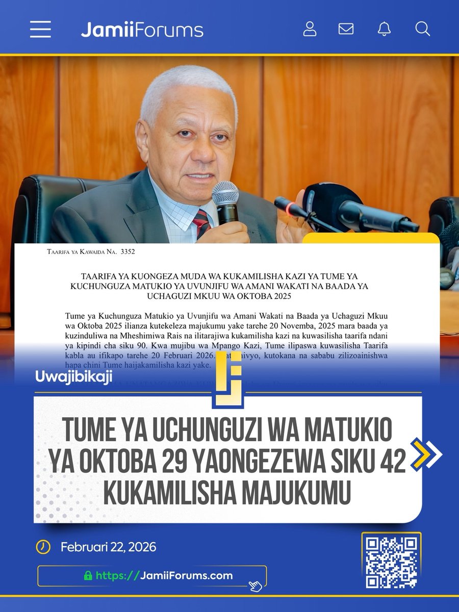 JamiiForums's tweet image. Tume ya Kuchunguza Matukio yaliyojitokeza Oktoba 29, 2025 imeongezewa Siku 42 na kutakiwa kukamilisha majukumu yao Aprili 3, 2026 kwa mujibu wa taarifa iliyotolewa na Tume hiyo Februari 20, 2026.

Ikumbukwe tume ilikuwa ikamilishe ripoti kabla au siku ya Februari 20, 2026, ila