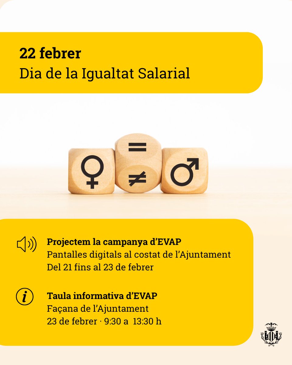 AjuntamentVLC's tweet photo. ⚖️ Hui, Dia per la #IgualtatSalarial, a #València alcem la veu: mateix treball, mateixa retribució.

🇹🇻 Difonem la campanya d'@EVAPasociacion per la #IgualdadSalarial en pantalles digitals al costat del consistori.

ℹ️ Demà hi haurà taula informativa d’#EVAP
⏰ 9:30 a 13:30 h
📍 Façana de l’Ajuntament

#EqualPayDay