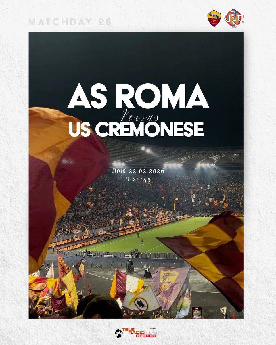 🟡🔴 MATCH DAY 🟡🔴
🗓️ ROMA-CREMONESE
🕙 20:45
🏟️ Stadio Olimpico
Live dalle 20:00
Radiocronaca di <a href="/AlessioNardo/">Alessio Nardo</a> &amp; <a href="/AndreaCorallo10/">Andrea Corallo</a> 
📻 92.7 FM
📺 76 DTV
Twitch.tv/teleradiostereo