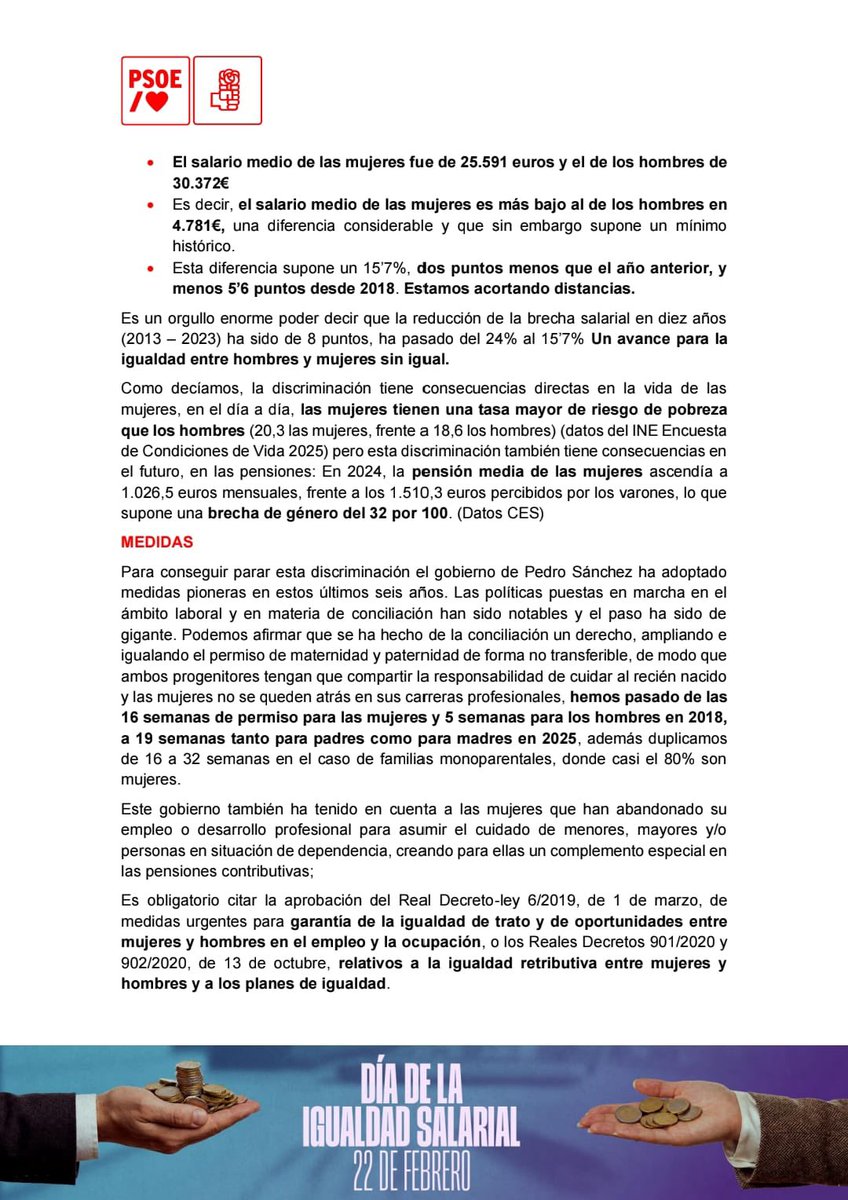 📅 Hoy, en el #DíaDeLaIgualdadSalarial, alzamos la voz para señalar que la desigualdad salarial no es una estadística: las mujeres siguen cobrando menos que los hombres por su trabajo. La brecha salarial existe y combatirla es una cuestión de justicia social.

Manifiesto <a href="/PSOE/">PSOE</a> 👇🏼