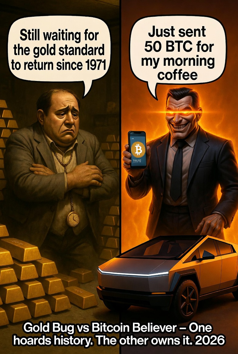 SeyzillaDA's tweet photo. Gold bugs still simping for yellow rocks that need vaults, guards, insurance & a will just to move $1k.

Bitcoin: ~92% CAGR since 2011. Gold: lucky to hit 8-9%.

Someone teleports six figures across oceans in seconds for $1.20 in fees. Your "timeless store of value" sits in a box collecting dust & opportunity cost.

Keep hoarding boomer history, grandpa. I'm stacking the orange future.

Cope or orange pill 🟠

#Bitcoin #GoldBugsCope