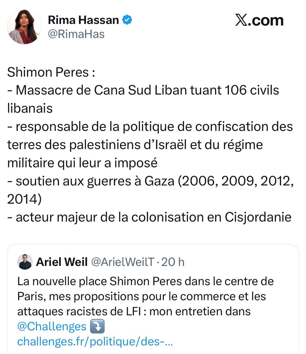 GOLDMANNAriel's tweet image. Je n’avais pas vu ce tweet de l’ordurière #RimaHassan à propos de #ShimonPeres.
À sa lecture vous comprenez que l’obsession contre @netanyahu n’est qu’un prétexte .
La seule chose que cette clique ne supporte pas c’est :
1. Qu’Israël soit un État ,
2. Que , comme tel ,il ait des