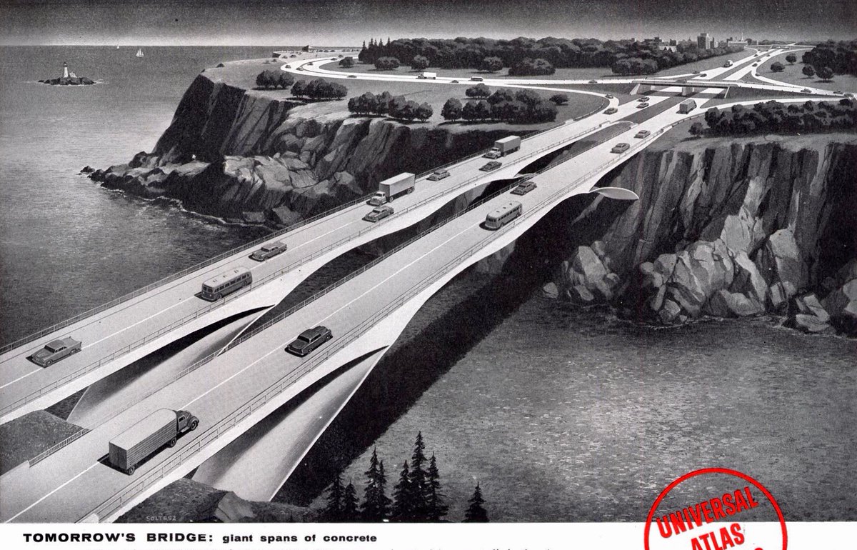 LRonLacy's tweet photo. #OTD in 1958
🧵👇
‘Tomorrow’s bridge: giant spans of concrete.’
Illustration by Frank Soltesz (1912-1986)
#illustration #illustrationart #illustrationartists #FrankSoltesz #bridges #bridgedesign #engineering #concrete #motorway #future https://t.co/jMeeVDz9vj