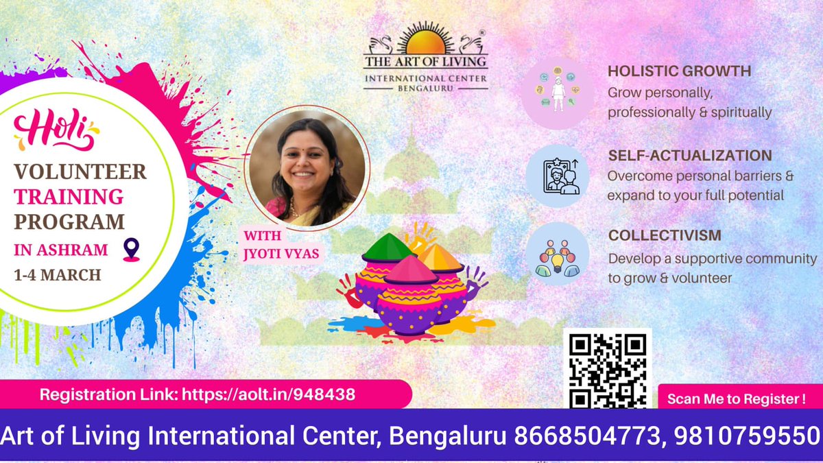 This Holi, take the first step towards something bigger. 💪🌸

Join the Holi Special VTP (Volunteer Training Program) with Jyoti Vyas at the Art of Living International Center, Bengaluru | 1 - 4 March 2026.

🎟️ Register: aolt.in/948438