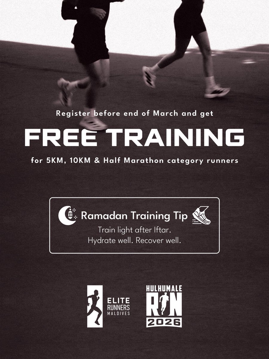 hulhumalerun's tweet photo. We’re excited to launch Road to Hulhumale Run 2026 — the official training program for Hulhumale Run 2026 participants.

This program is designed to support runners preparing for:
• 5KM
• 10KM
• Half Marathon

Led by Elite Runners Maldives, the program offers structured group training, long runs, and guidance for runners of all levels.

✅ Training is FREE
✅ Registration is required

Register now and train with us on the road to race day.

Run for a Reason. Every Step Matters.

🔗 Register now: https://t.co/C5kQLx1gTn