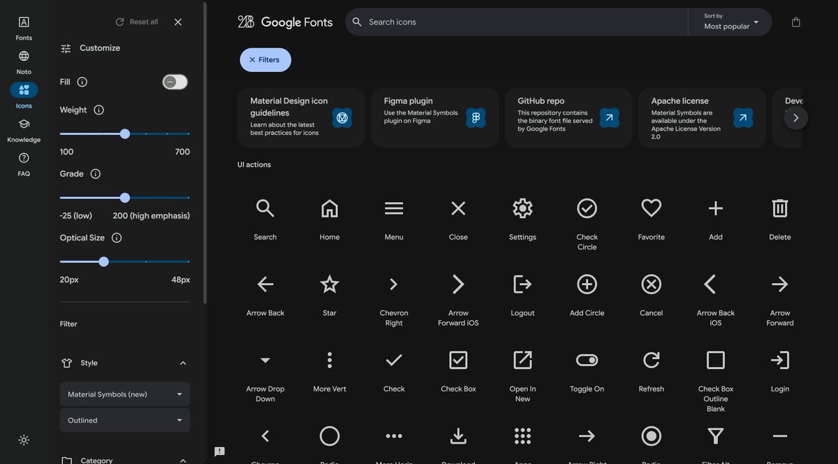 joshinishiguchi's tweet photo. デザイナーのみなさんは「Google Fonts Icons」使ってますか？

・3000点以上の統一された無料のアイコンデザイン
・Apache 2.0で商用利用OK
・SVG / PNG形式で即ダウンロード

デザインやアイコンのトンマナを合わせたい時に、めっちゃ重宝しますよ😊

Google Fonts Icons
https://t.co/gjDbwyhj6V https://t.co/KgZQhqzOnm