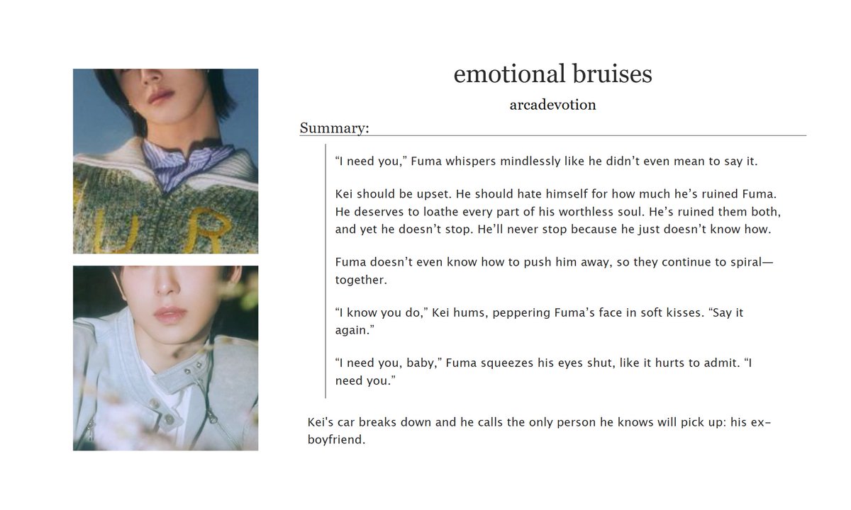 arcadevotion's tweet photo. 🔞 emotional bruises

✩ kenghum angst, codependency + unhealthy relationships, hurt/comfort, explicit sexual content, check tags for more detail
✩ rated explicit, oneshot, 4.9k words

✩ link: https://t.co/b63HMrjh0c https://t.co/TypPDPsEEI