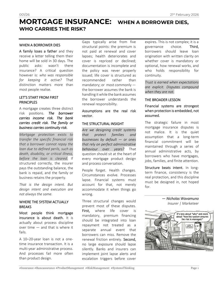 nikwavah's tweet photo. A family loses a father. Then gets an eviction notice.
The public asks "wasn't there insurance?"
A critical question: who was responsible for keeping it active?
Unlike short-term loans, mortgage insurance renews annually. Over years — chances for the system to fail.
Full piece 👇 https://t.co/EXZDwqEoj3