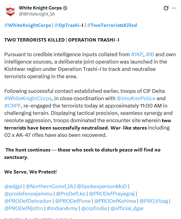 ians_india's tweet image. White Knight Corps tweets, "Pursuant to credible intelligence inputs collated from #JKP, #IB and own intelligence sources, a deliberate joint operation was launched in the Kishtwar region under Operation Trashi-I to track and neutralise terrorists operating in the area.