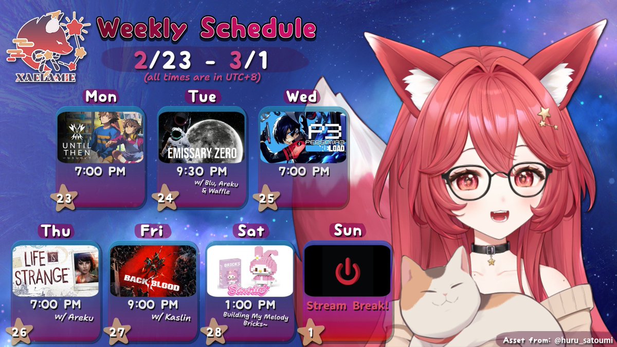 🌟Hello Hoshis!!🦊
I'm back! :D Here's this week's sched~✨
(2/23 - 3/1)

I've returned from business trip and I come bearing stream schedules!! :D We're closing off February with some fun and variety ft. <a href="/Bluuuar1/">Blu</a>, <a href="/ArekuVT/">Areku Ch. | Mafia Swordsman VTuber</a>, <a href="/WaffleGrab/">WaffleGrab 🦥🧇 【PRISMOON】 🌚</a> and <a href="/KaslinSasori/">Kaslin Sasori💜🦂 Vtuber + L2D rigger</a> so please stay tuned~