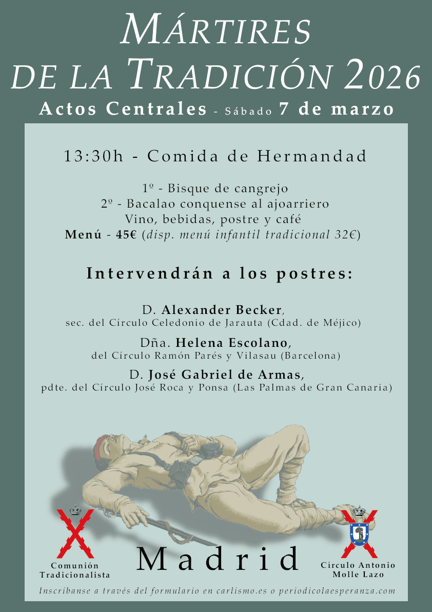 Últimas plazas para los Mártires de la Tradición de 2026 en Madrid
Los asistentes a la comida de hermandad, que se celebrará en uno de los más icónicos lugares de Madrid, podrán realizar la inscripción en este enlace: 
forms.gle/buuqAXFN6sxiSk…

periodicolaesperanza.com/archivos/31889