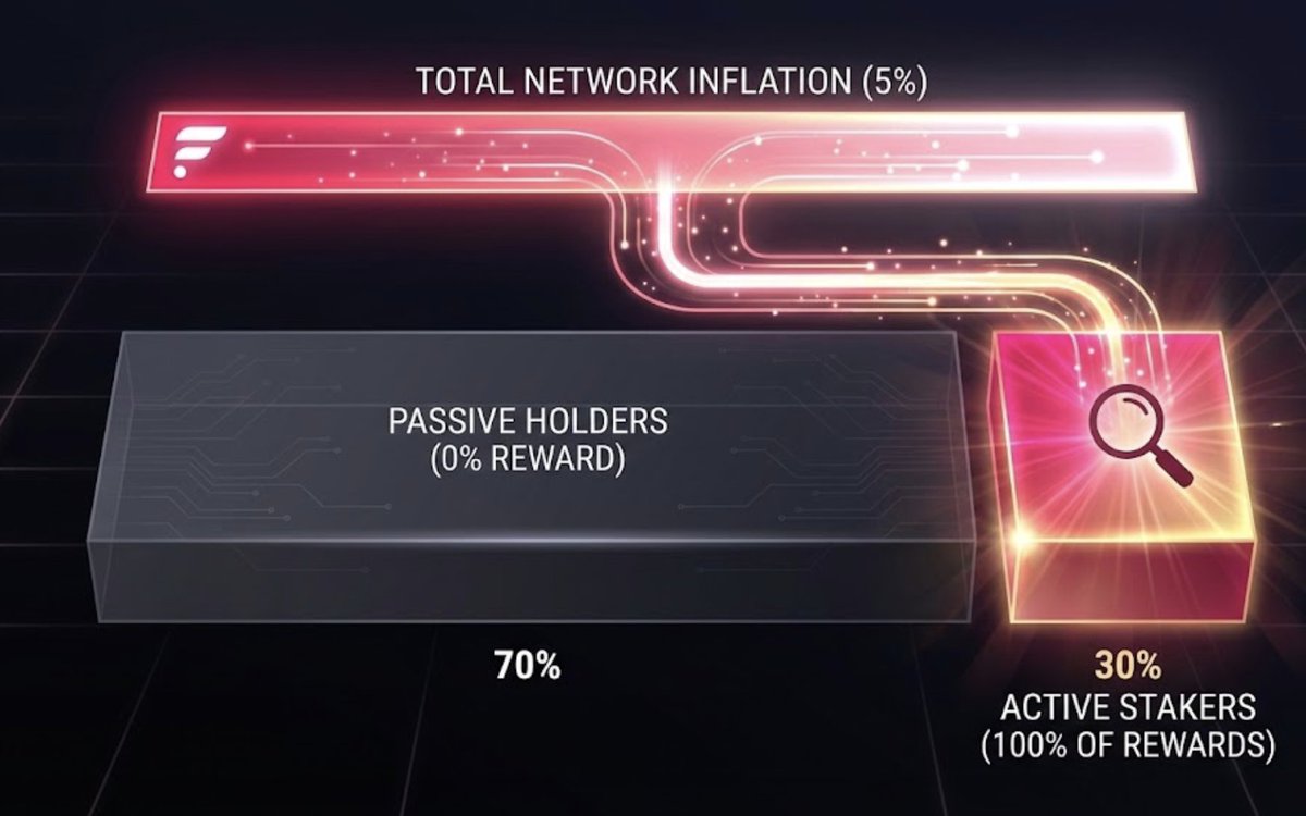 Anubis_Crypto_'s tweet photo. Ever wondered how a network can have 5% inflation while you're earning 12-14% APR? At first glance, the math doesn't seem to add up.

Here’s the breakdown of how this "magic" actually works:

Inflation is Global: The network mints 5% new tokens annually based on the Total Supply (even less when fee are burned).

Rewards are Targeted: That 5% isn't dropped into every wallet. It’s exclusively reserved for the rewards pool for active participants (stakers and delegators).

The "Participation Ratio" Secret: If only 30% of the total supply is actively working, the entire 5% "new supply" is shared exclusively among that 30% minority.

The Reality: You are essentially earning from the passivity of those holding tokens on exchanges or in "cold" wallets doing nothing. The lower the participation ratio, the bigger your slice of the pie. 🥧

It’s not magic. It’s mechanics.

#FlareNetwork #FLR #CryptoEducation #Staking #Web3 #PassiveIncome