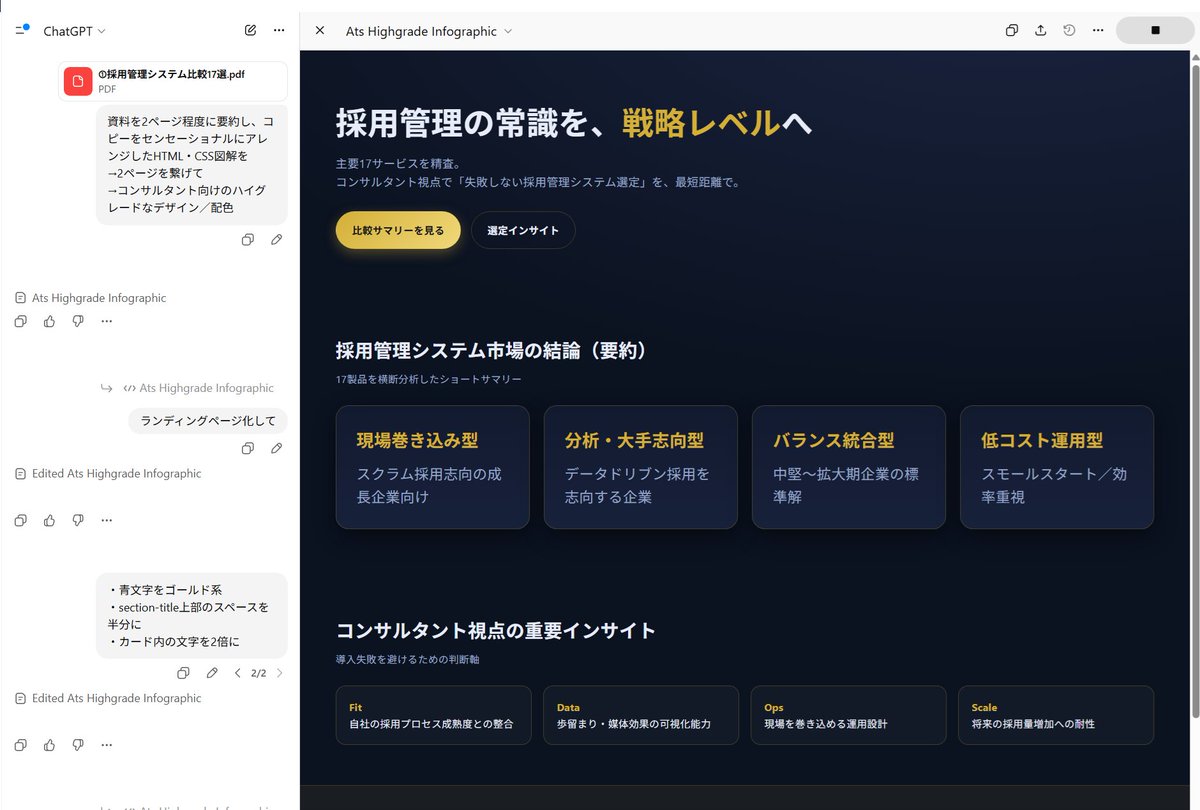 ちなChatGPTだと、プレビュー機能によるバイブデザイニングしたものを