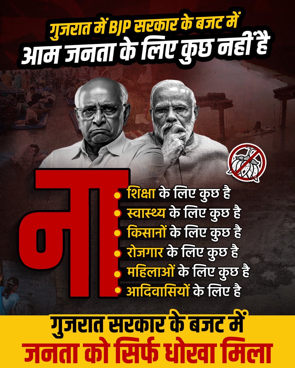 30 साल गुजरात की सत्ता में रह कर BJP को इतना घमंड हो गया है कि उसे लगता है, आम जनता के लिए ना कुछ काम करने की जरूरत है और ना ही आम आदमी के लिए बजट में कुछ देने की जरूरत है‼️