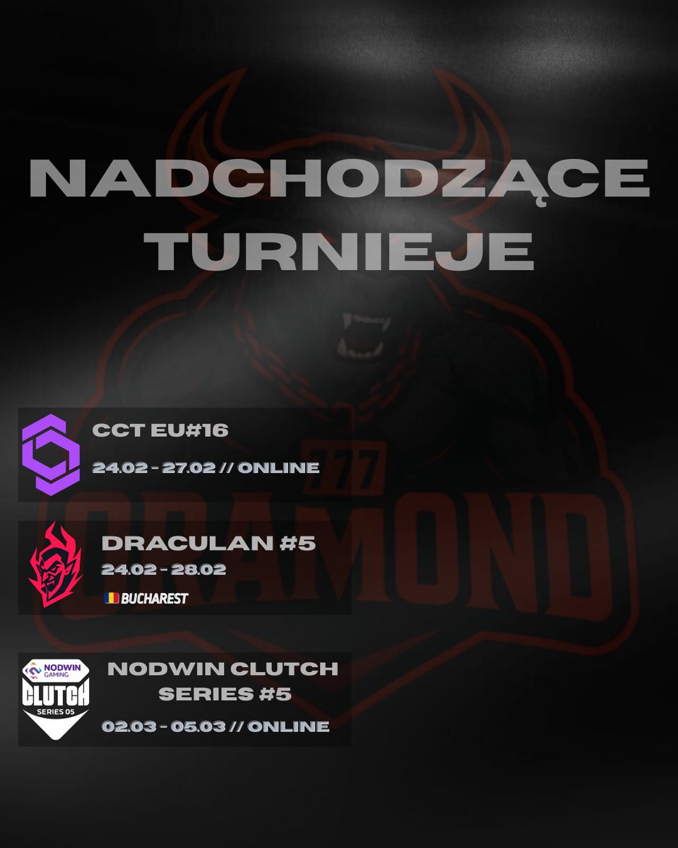 📢ROZKŁAD JAZDY

🔴 W tym tygodniu rozpoczynamy nasze zmagania w turnieju CCT Season 3 Europe Series 16 

🔴 W środę meldujemy się na Turnieju LAN 🇷🇴 Draculan 5 

🔴 2 Marca rozpoczynamy zmagania w Turnieju Nodwin Clutch Series #5