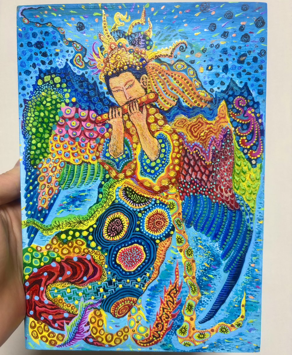 新作アクリル画完成🎨 【迦陵頻伽】 葛飾北斎のオマージュ作品 インド